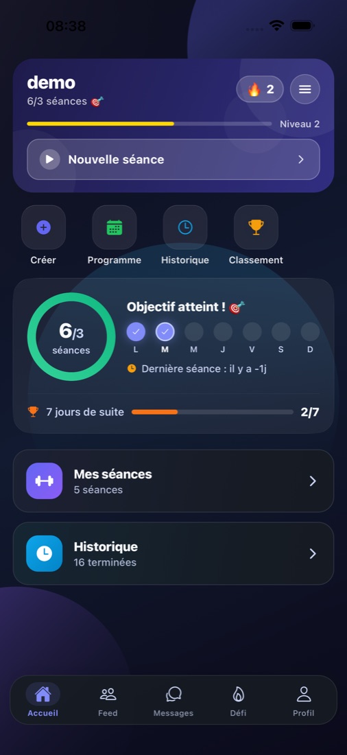 Écran d'accueil de Gorillax : objectif de la semaine, série de 7 jours, séances et historique